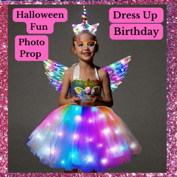 Girls Unicorn Costume LED Light Up Unicorn Princess Dress Birthday Party Outfit - Picture 1 of 5
